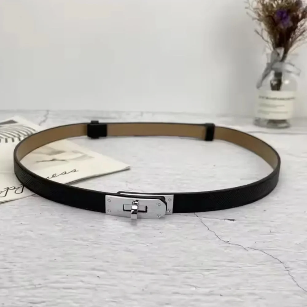 NWT Luxury Brand Black Leather Belt Designer Silver Alloy Kelly Buckle